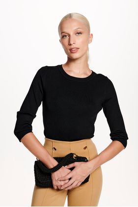 BLUSA DECOTE CARECA LISA MANGA 7/8 - PRETO